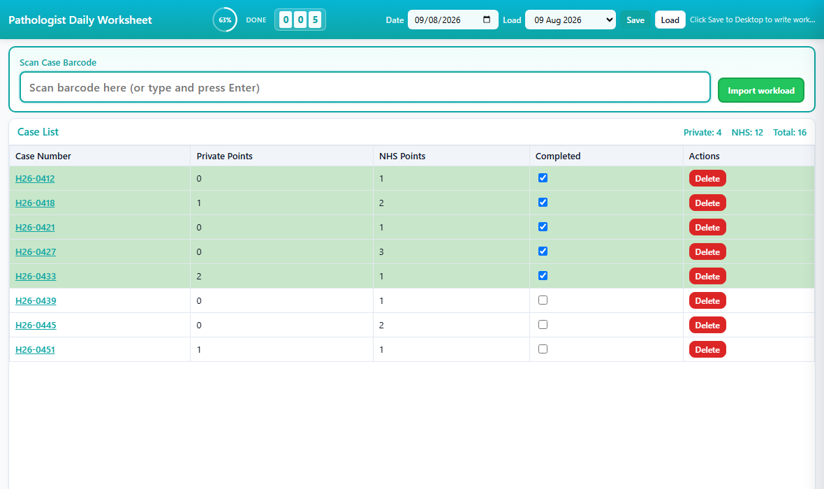 Pathologist Daily Worksheet