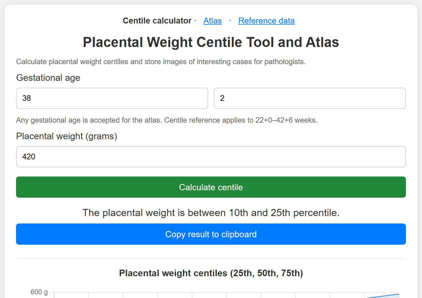 Placental weight centile calculator with gestational age, weight, and chart